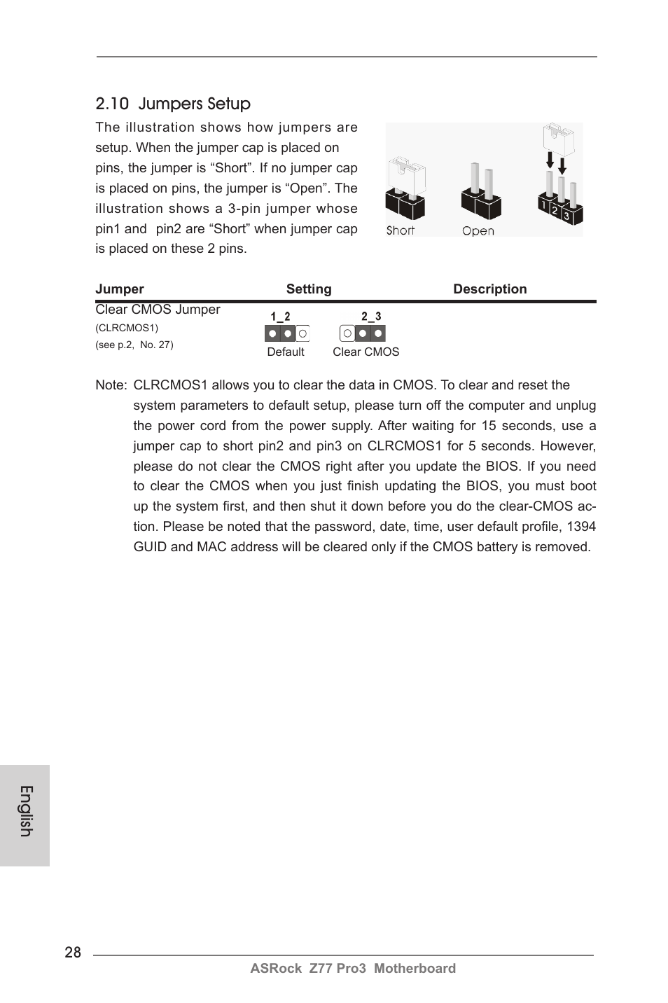 English 2.10 jumpers setup | ASRock Z77 Pro3 User Manual | Page 28 / 192