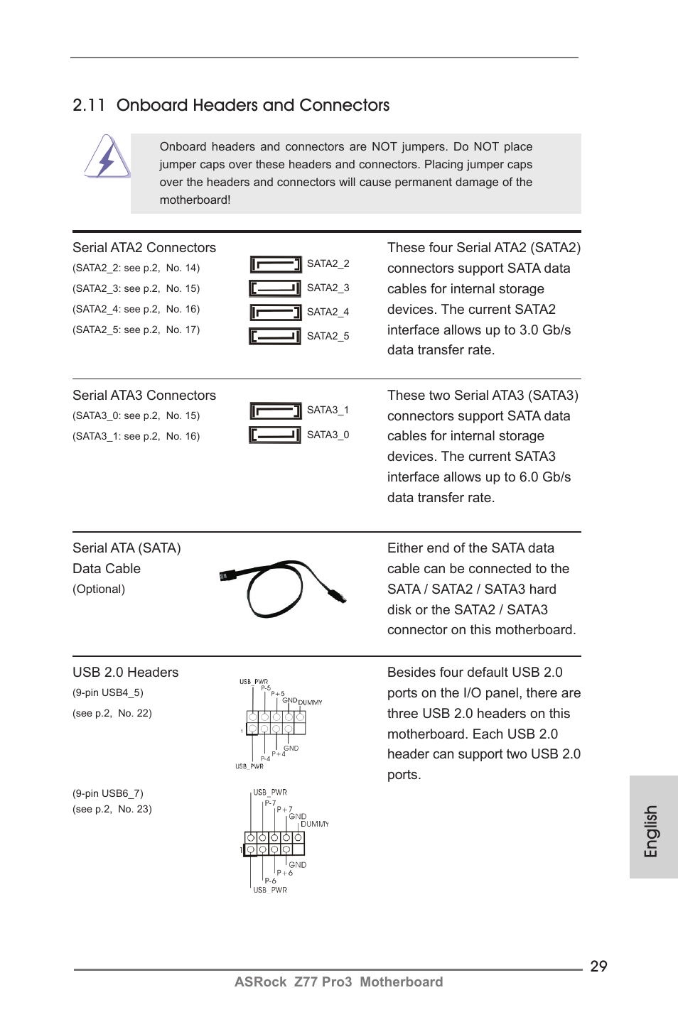 English 2.11 onboard headers and connectors | ASRock Z77 Pro3 User Manual | Page 29 / 192
