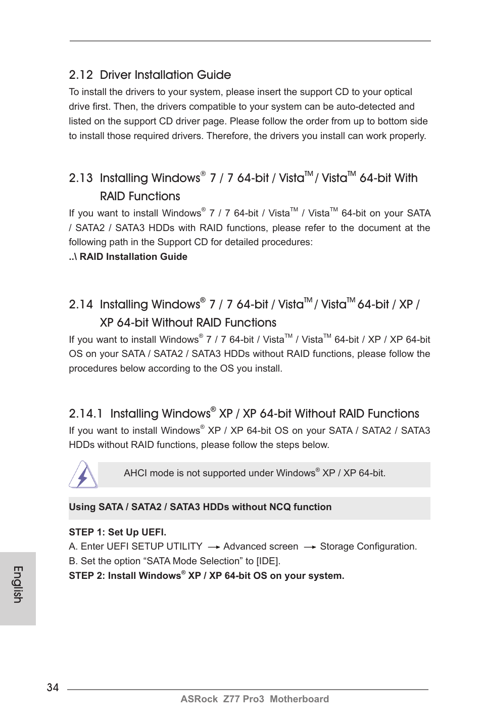 English 2.13 installing windows, 7 / 7 64-bit / vista, Vista | Bit with raid functions, 12 driver installation guide, 14 installing windows, Bit / xp / xp 64-bit without raid functions, 1 installing windows, Xp / xp 64-bit without raid functions | ASRock Z77 Pro3 User Manual | Page 34 / 192