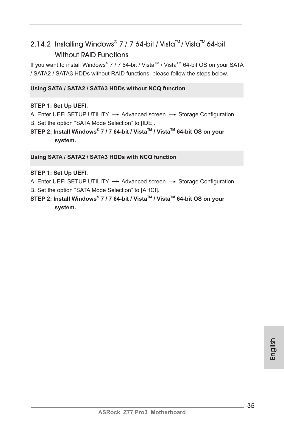 English 2.14.2 installing windows, 7 / 7 64-bit / vista, Vista | Bit without raid functions | ASRock Z77 Pro3 User Manual | Page 35 / 192