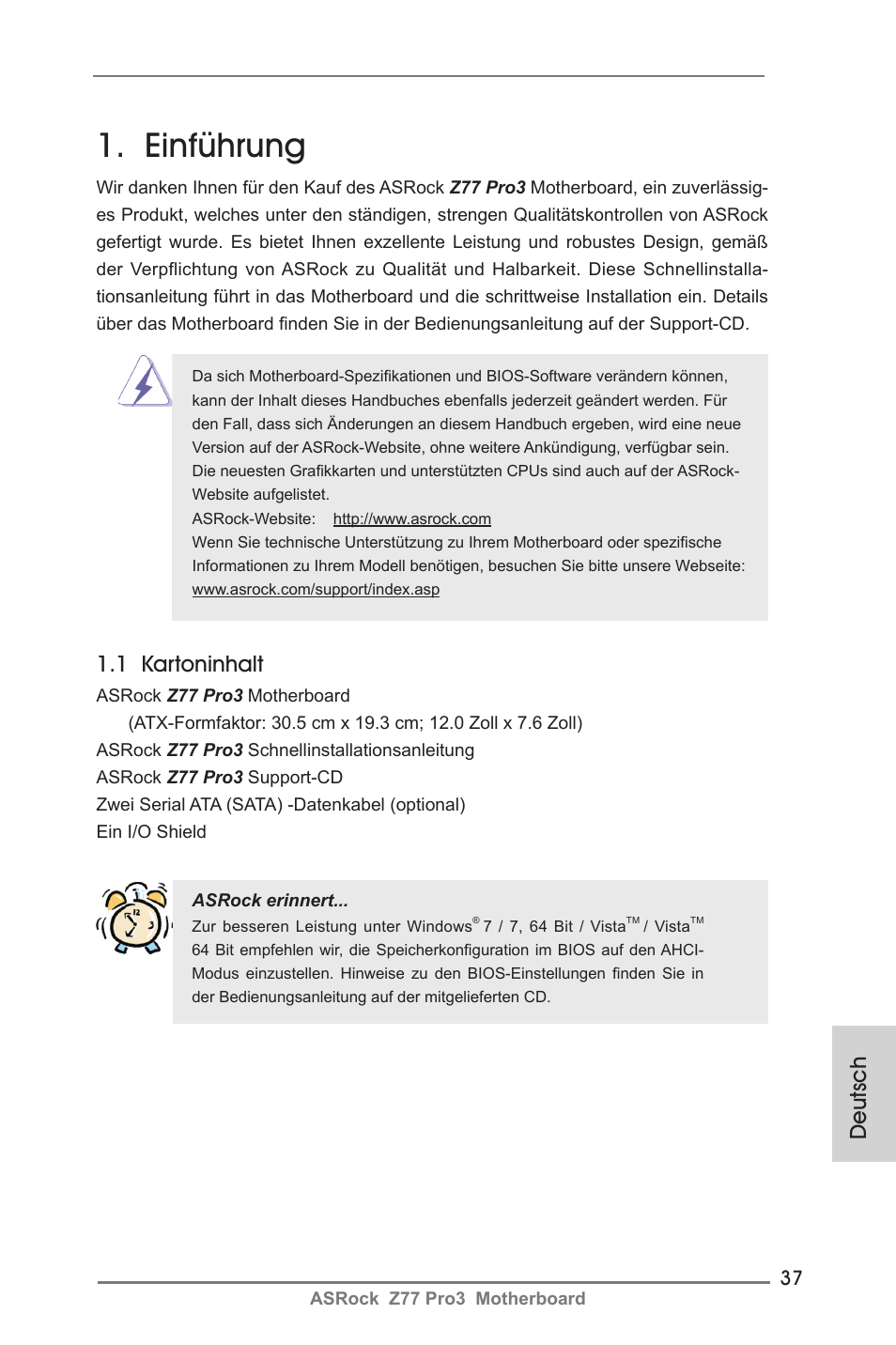 German, Einführung, Deutsch | 1 kartoninhalt | ASRock Z77 Pro3 User Manual | Page 37 / 192