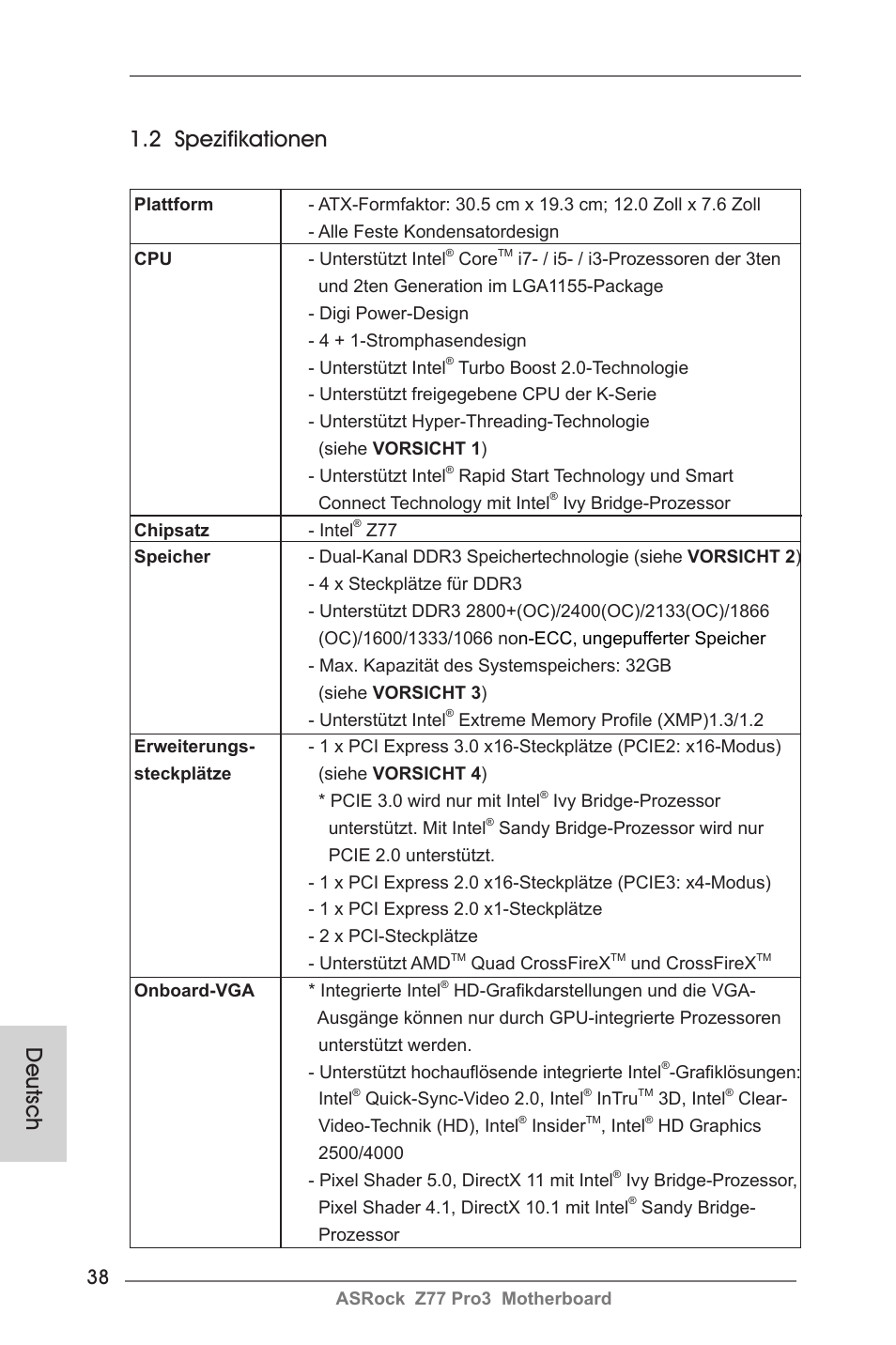 Deutsch 1.2 spezifikationen | ASRock Z77 Pro3 User Manual | Page 38 / 192