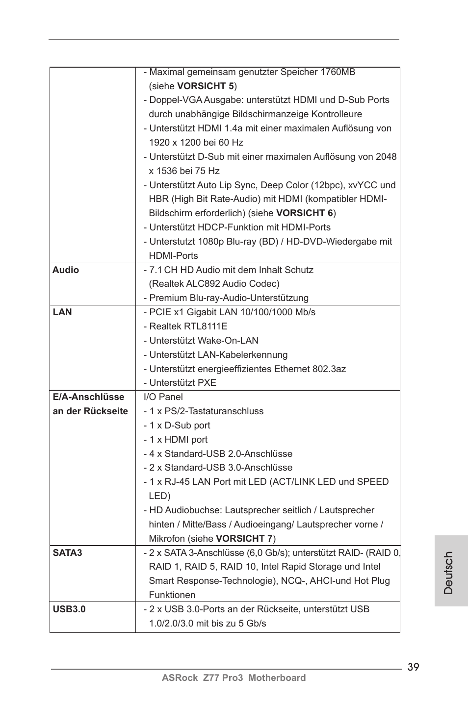 Deutsch | ASRock Z77 Pro3 User Manual | Page 39 / 192