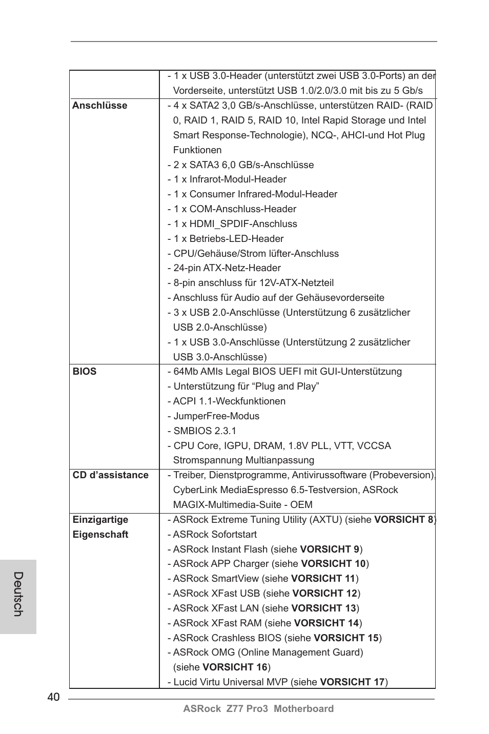 Deutsch | ASRock Z77 Pro3 User Manual | Page 40 / 192