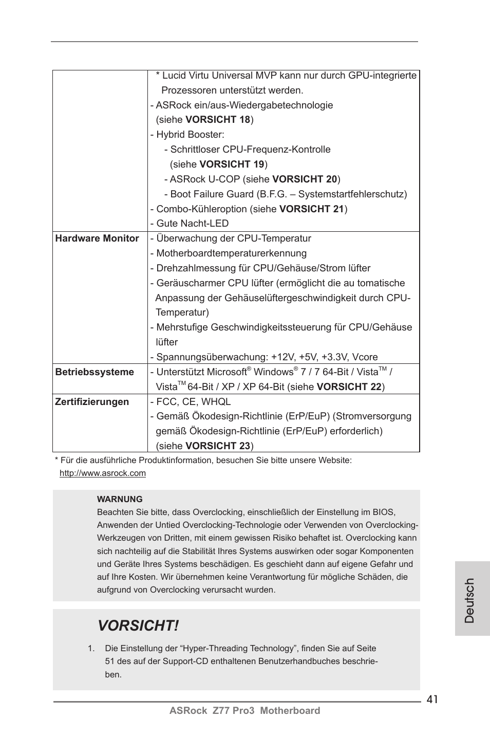 Vorsicht, Deutsch | ASRock Z77 Pro3 User Manual | Page 41 / 192