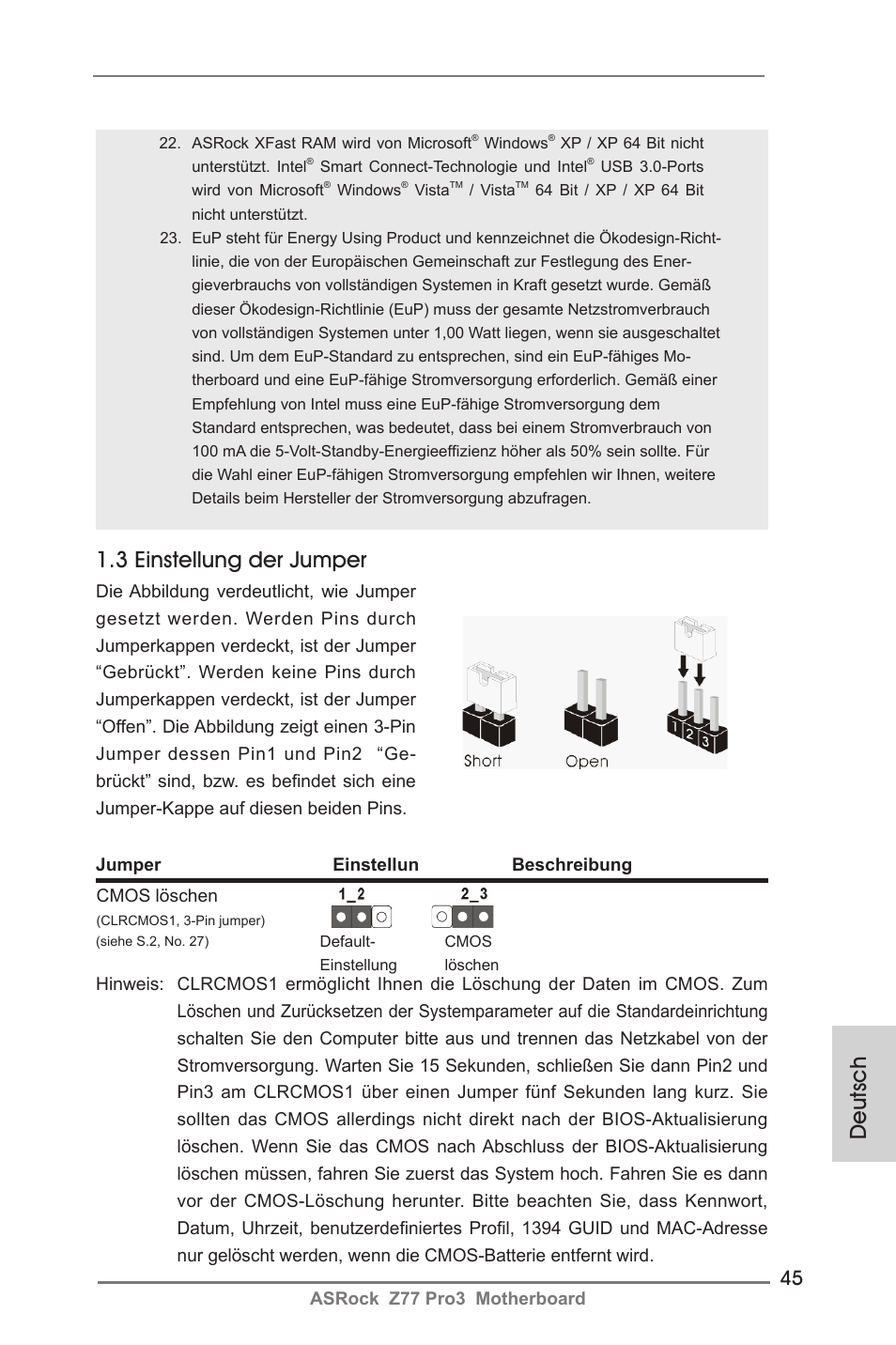 Deutsch 1.3 einstellung der jumper | ASRock Z77 Pro3 User Manual | Page 45 / 192