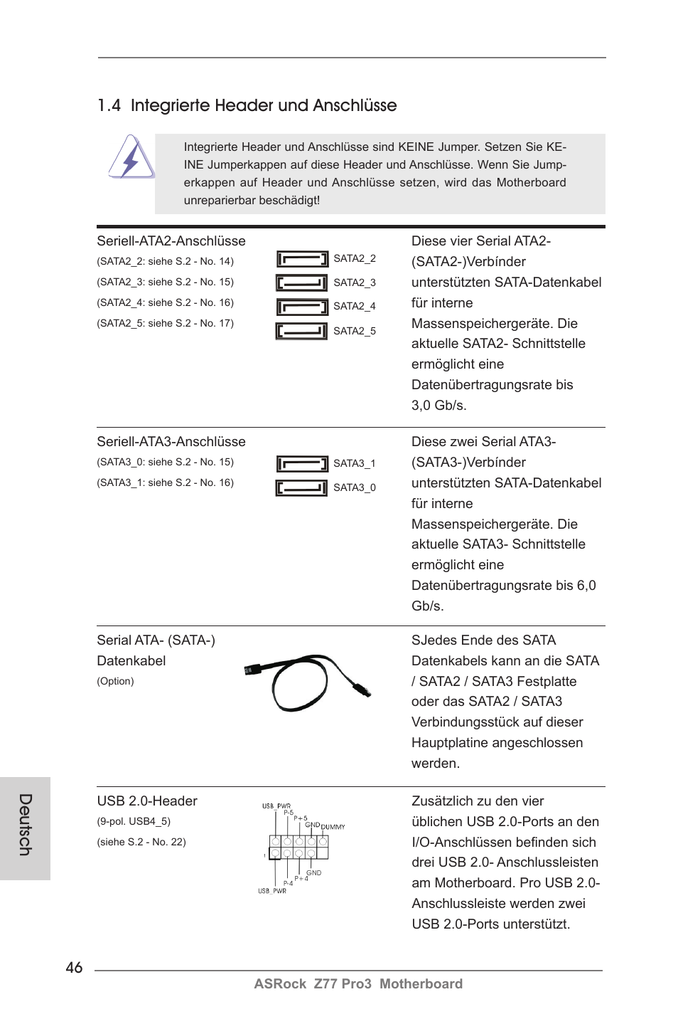 Deutsch, 4 integrierte header und anschlüsse | ASRock Z77 Pro3 User Manual | Page 46 / 192