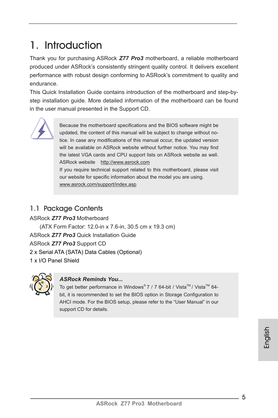 Introduction, 1 package contents, English | ASRock Z77 Pro3 User Manual | Page 5 / 192