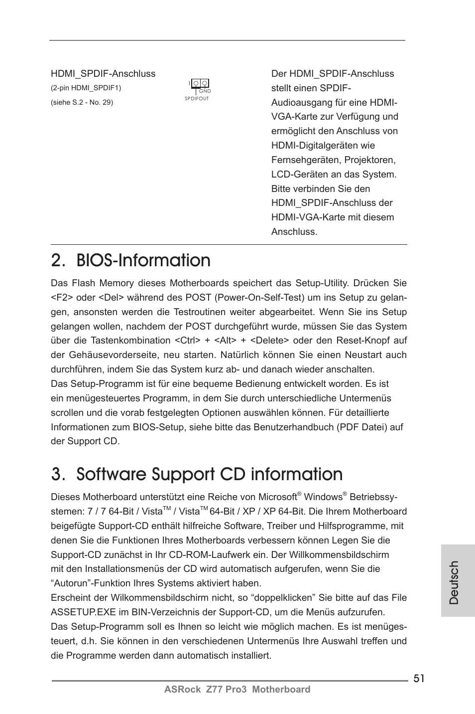 Bios-information, Software support cd information, Deutsch | ASRock Z77 Pro3 User Manual | Page 51 / 192