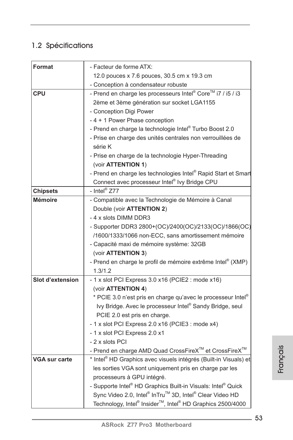 Français 1.2 spécifications | ASRock Z77 Pro3 User Manual | Page 53 / 192