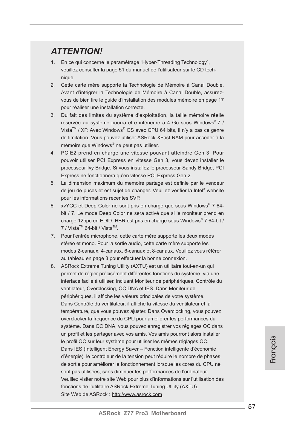 Attention, Français, Asrock z77 pro3 motherboard | ASRock Z77 Pro3 User Manual | Page 57 / 192