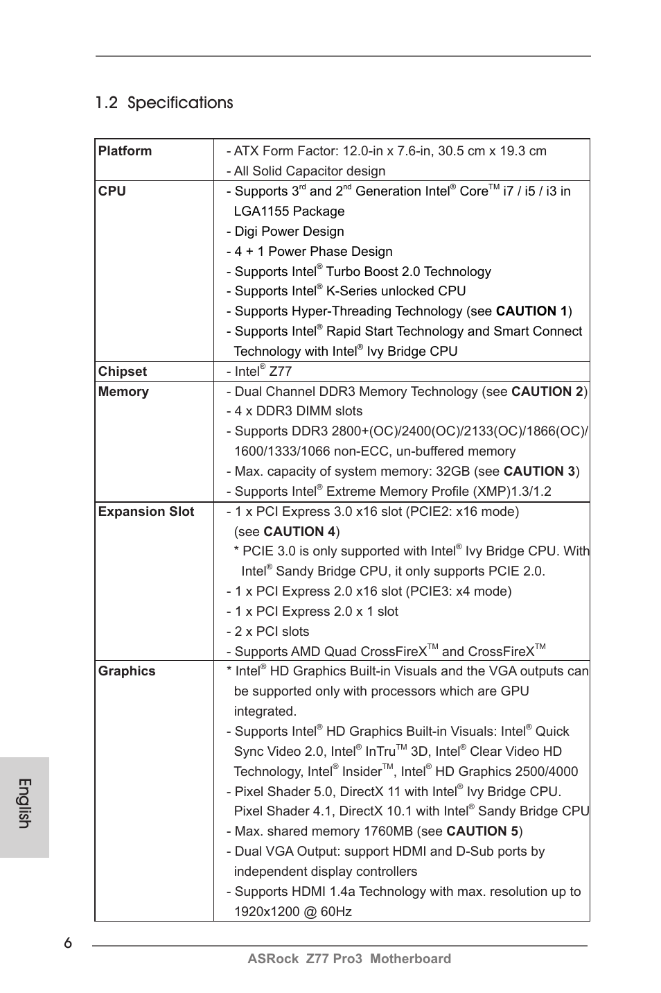 English 1.2 specifications | ASRock Z77 Pro3 User Manual | Page 6 / 192