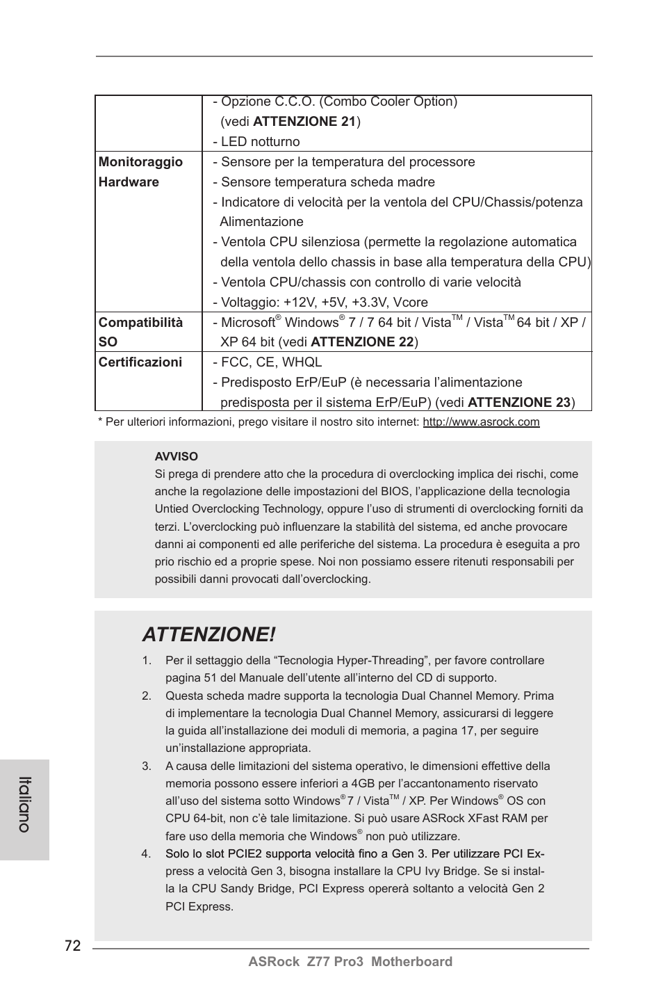 Attenzione, Italiano | ASRock Z77 Pro3 User Manual | Page 72 / 192