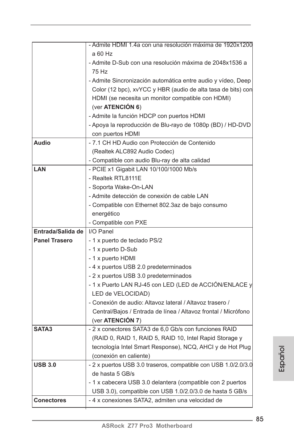 Español | ASRock Z77 Pro3 User Manual | Page 85 / 192