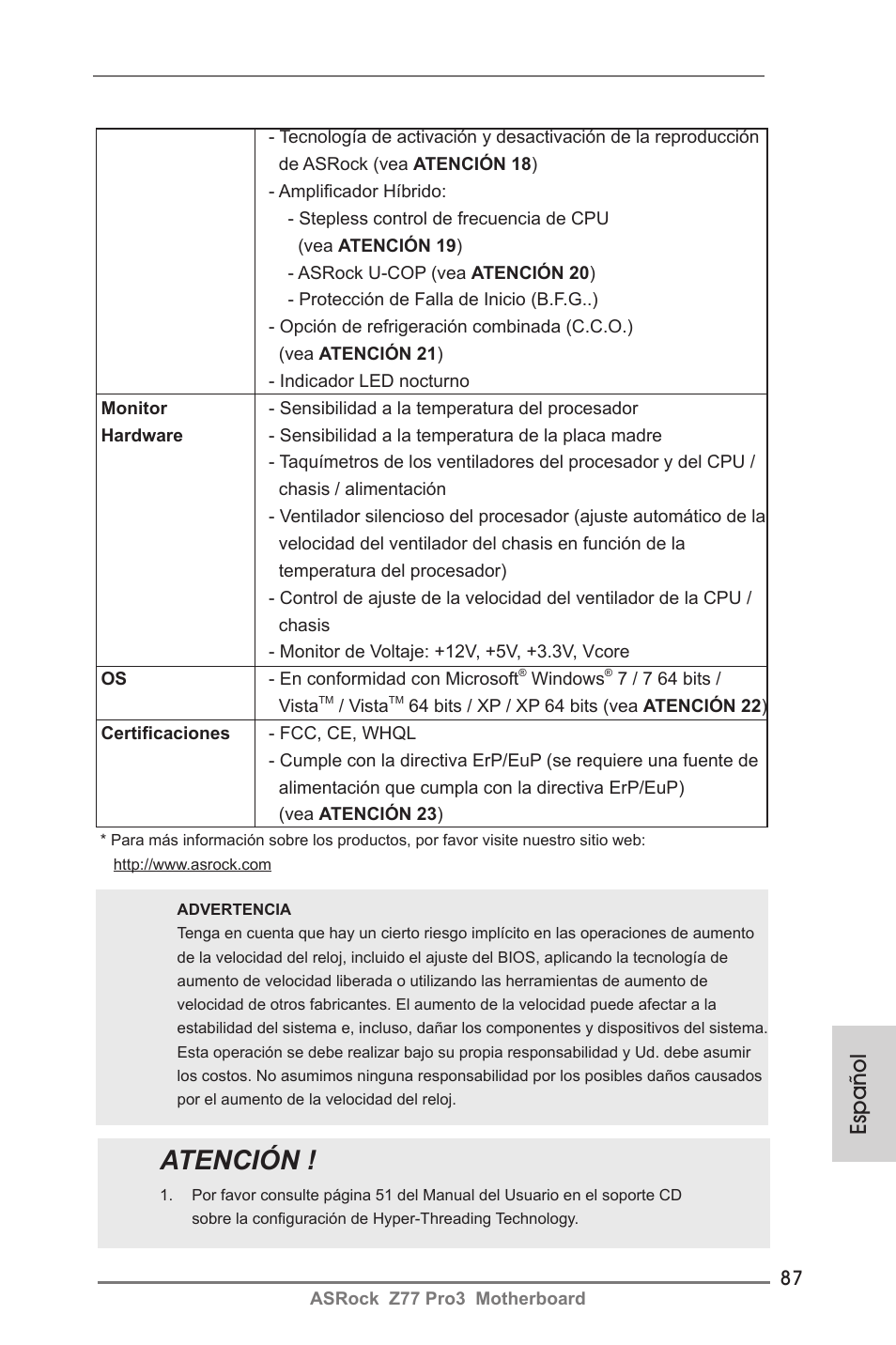 Atención, Español | ASRock Z77 Pro3 User Manual | Page 87 / 192