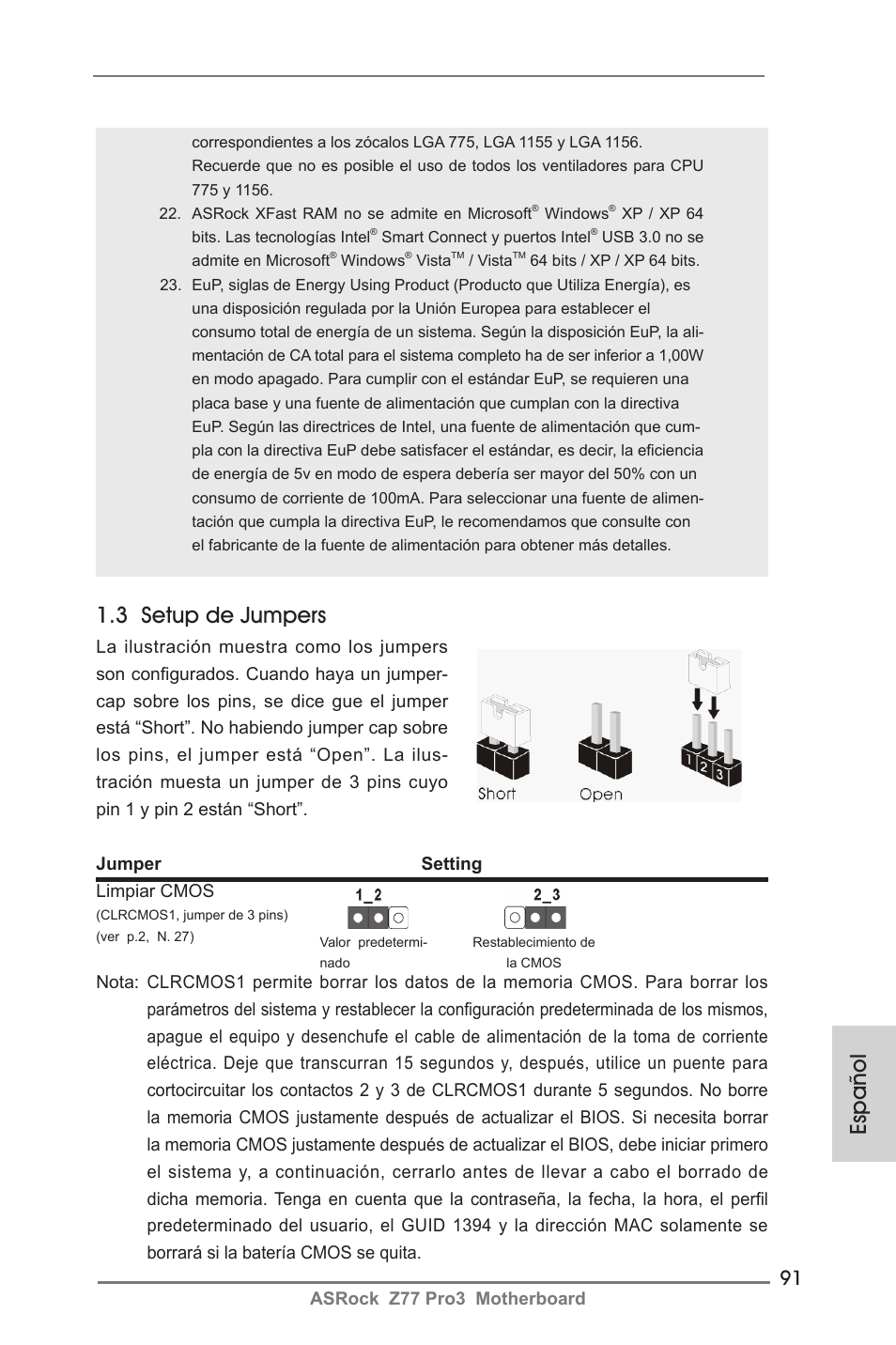Español 1.3 setup de jumpers | ASRock Z77 Pro3 User Manual | Page 91 / 192