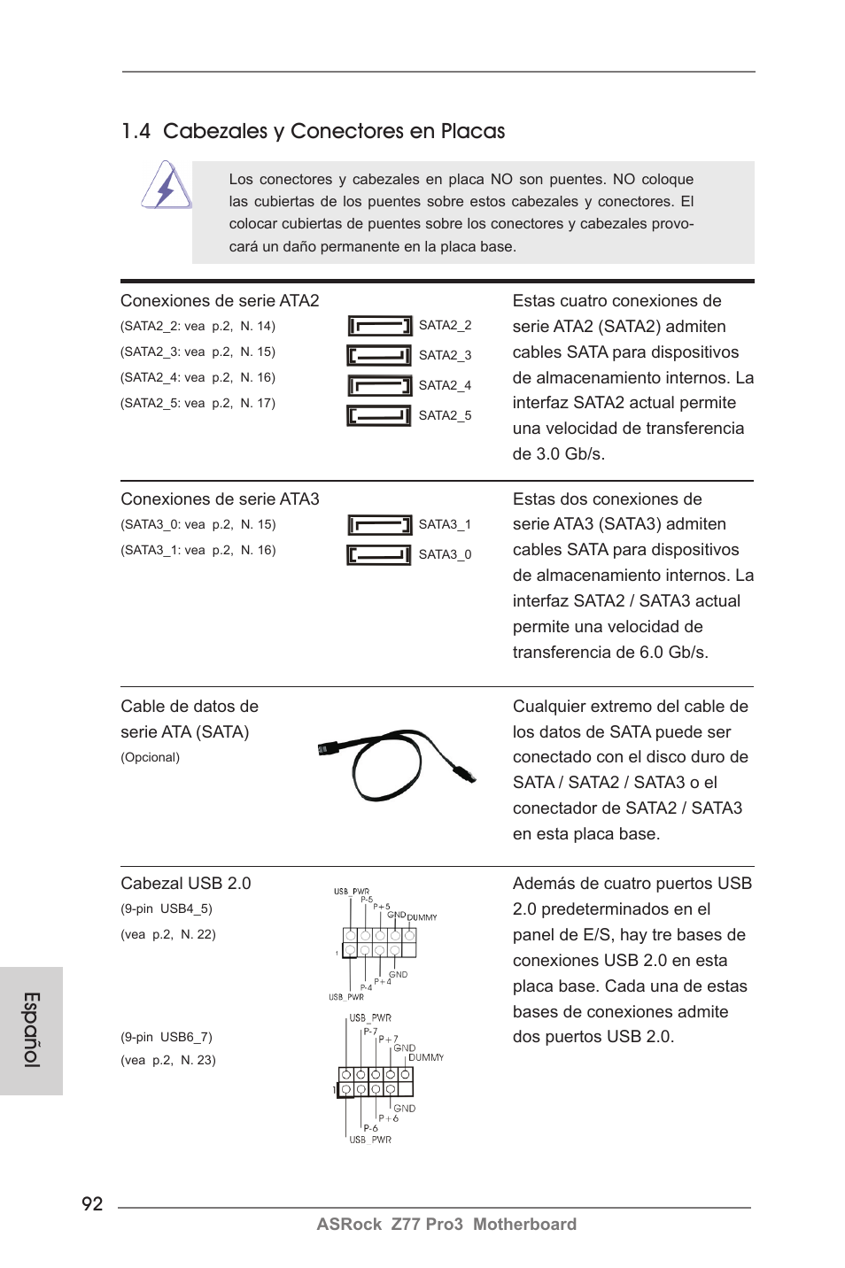 Español 1.4 cabezales y conectores en placas | ASRock Z77 Pro3 User Manual | Page 92 / 192