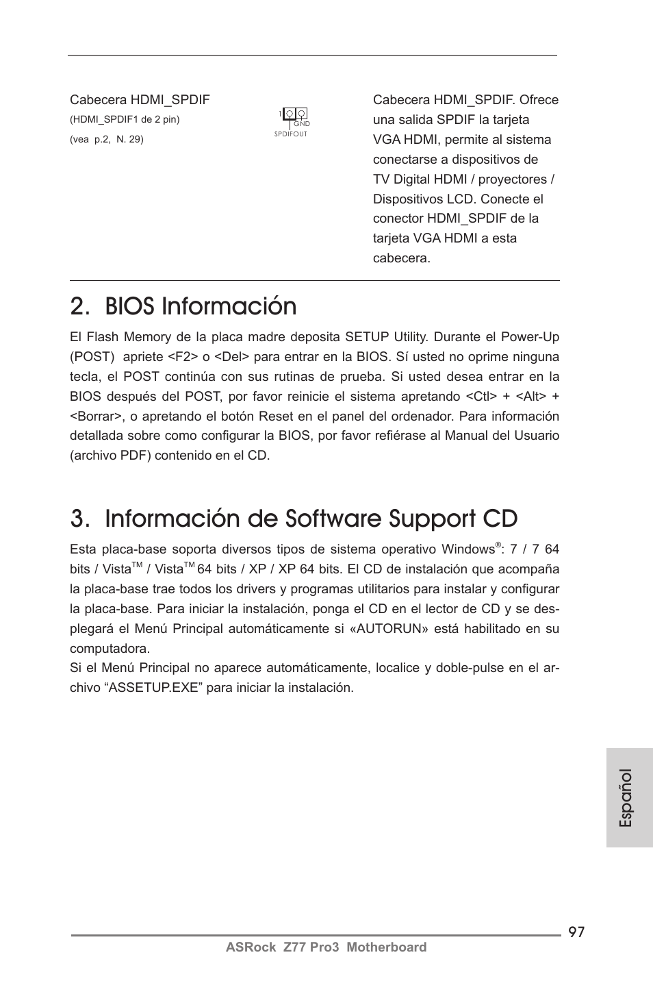 Bios información, Información de software support cd, Español | ASRock Z77 Pro3 User Manual | Page 97 / 192