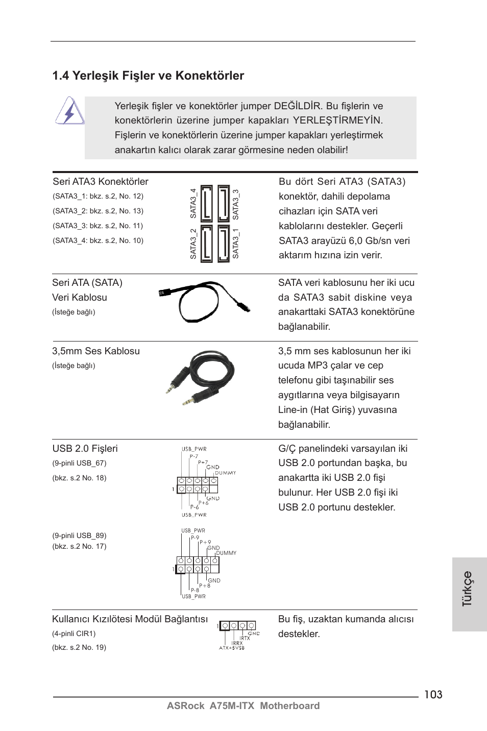 Türkçe, 4 yerleşik fişler ve konektörler | ASRock A75M-ITX User Manual | Page 103 / 157