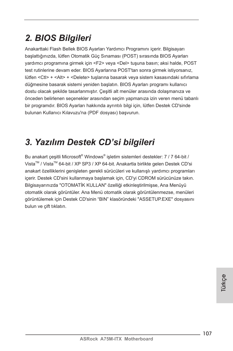 Bios bilgileri, Yazılım destek cd’si bilgileri, Türkçe | ASRock A75M-ITX User Manual | Page 107 / 157