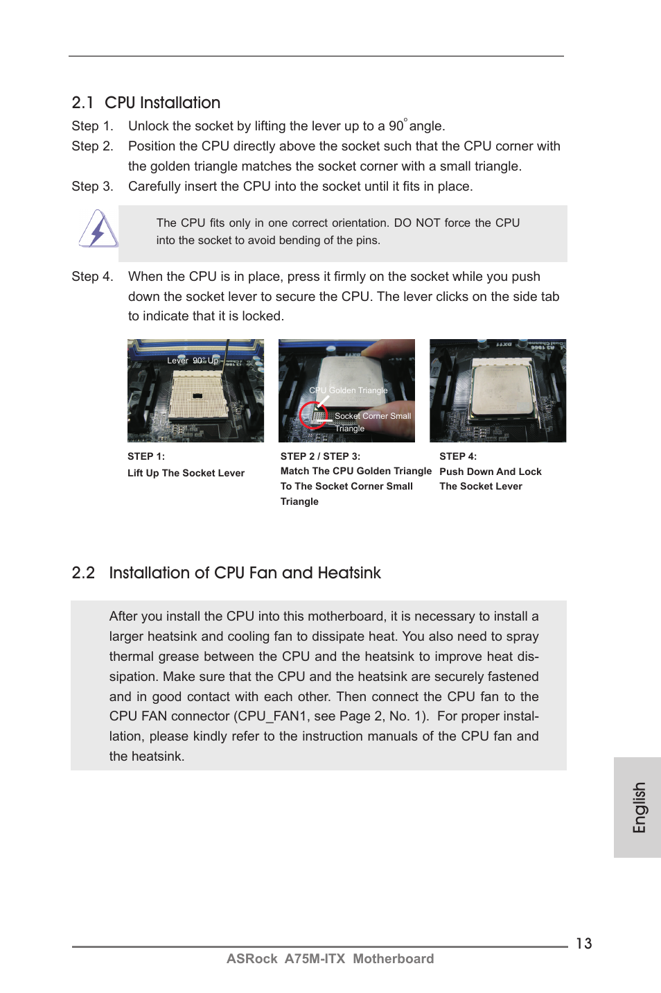 English 2.1 cpu installation, 2 installation of cpu fan and heatsink | ASRock A75M-ITX User Manual | Page 13 / 157