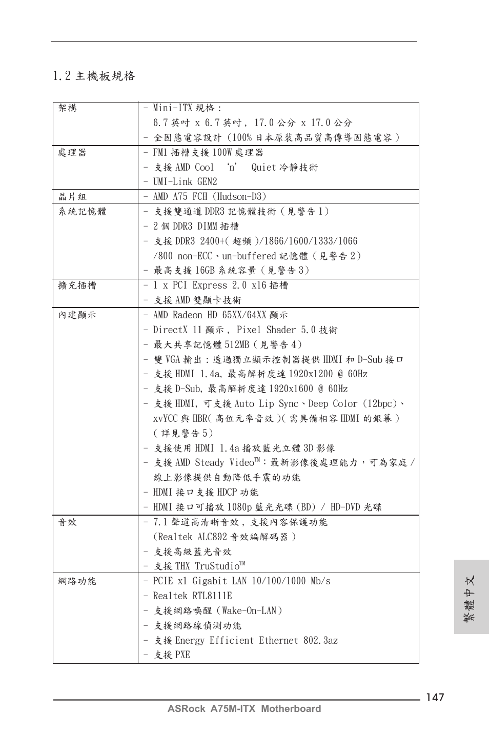 繁體中文 1.2 主機板規格 | ASRock A75M-ITX User Manual | Page 147 / 157