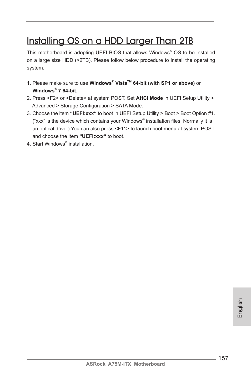 Installing os on a hdd larger than 2tb, English | ASRock A75M-ITX User Manual | Page 157 / 157