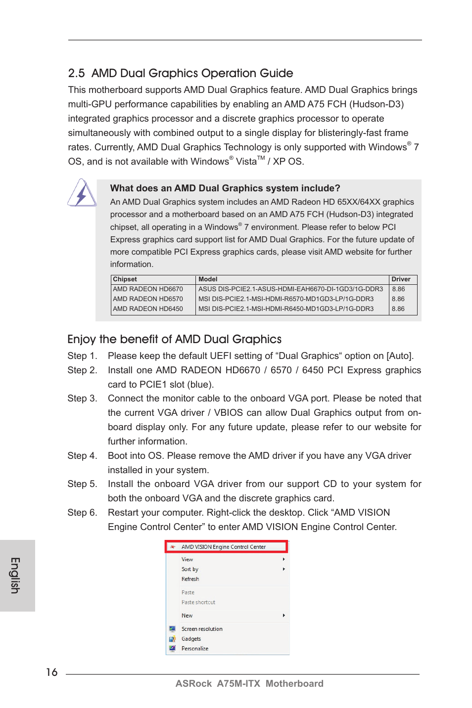 English 2.5 amd dual graphics operation guide, Enjoy the benefit of amd dual graphics | ASRock A75M-ITX User Manual | Page 16 / 157
