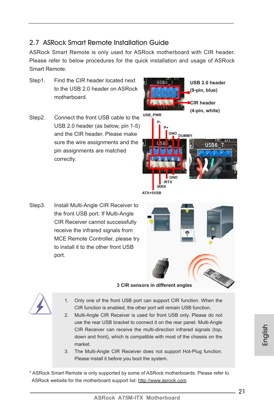English, 7 asrock smart remote installation guide | ASRock A75M-ITX User Manual | Page 21 / 157