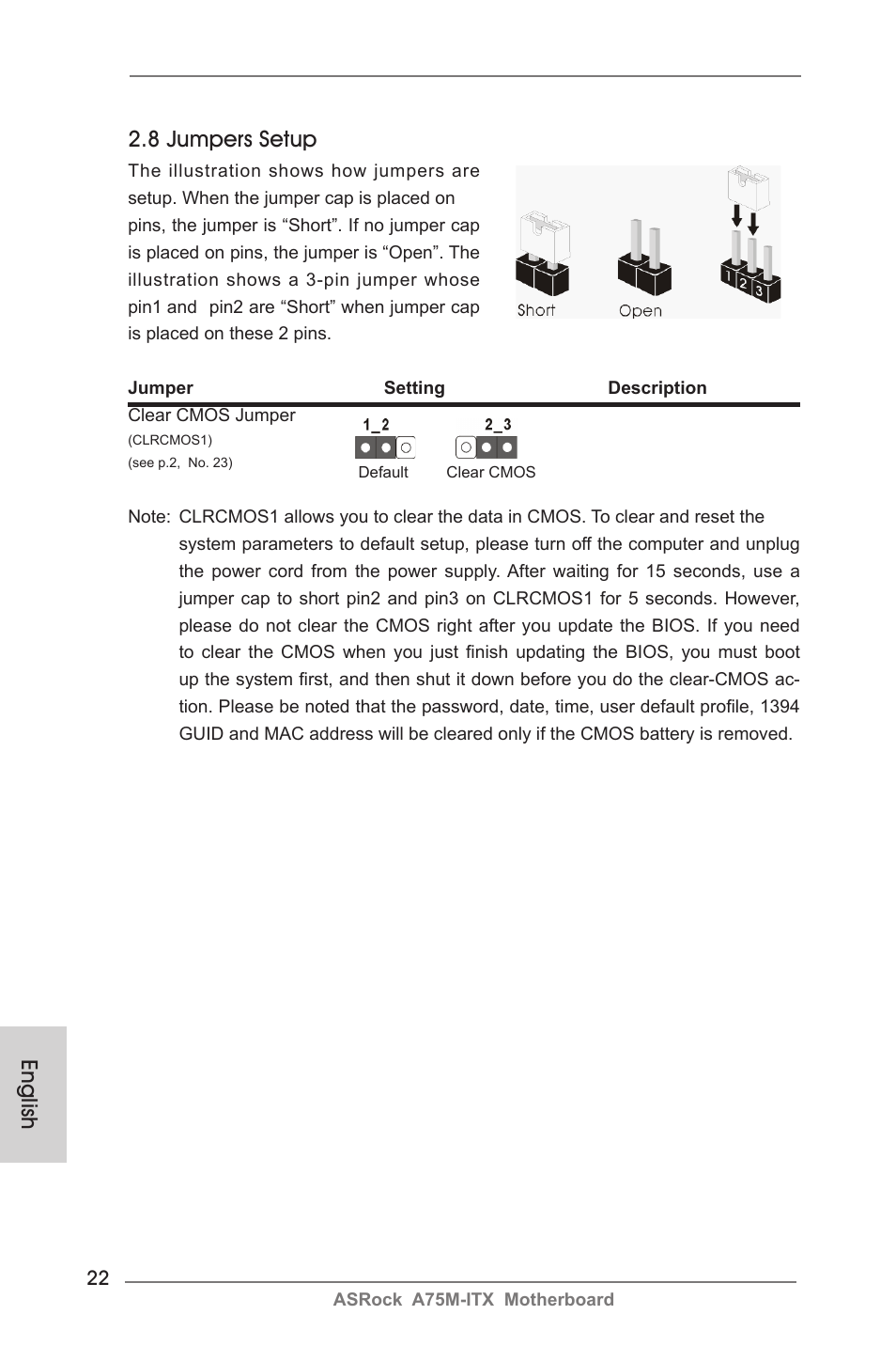 8 jumpers setup, English | ASRock A75M-ITX User Manual | Page 22 / 157