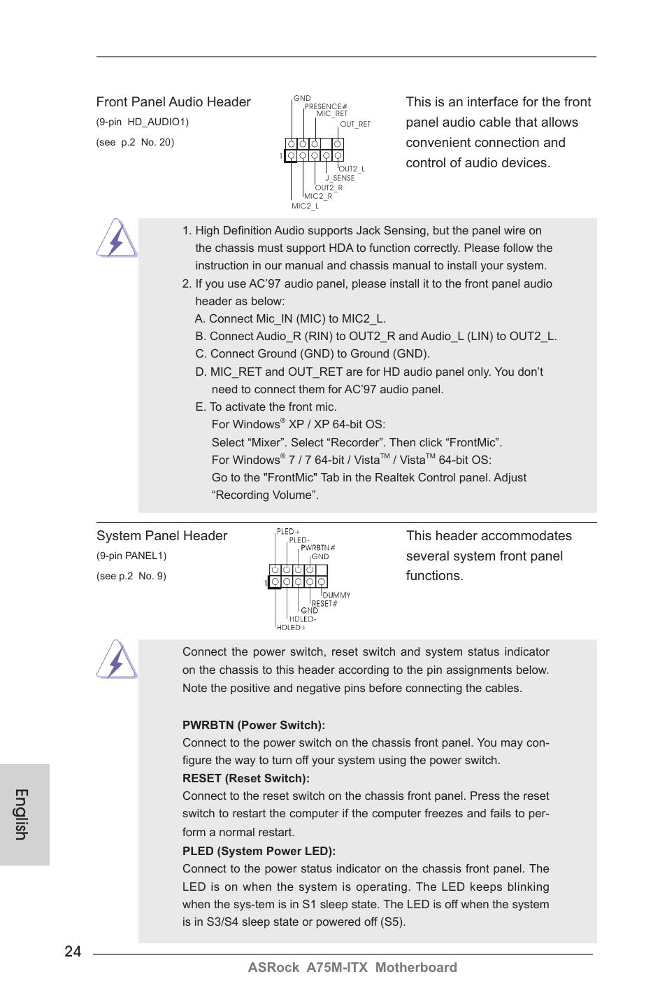 English, Asrock a75m-itx motherboard, Panel audio cable that allows | Convenient connection and control of audio devices, System panel header this header accommodates, Several system front panel, Functions | ASRock A75M-ITX User Manual | Page 24 / 157