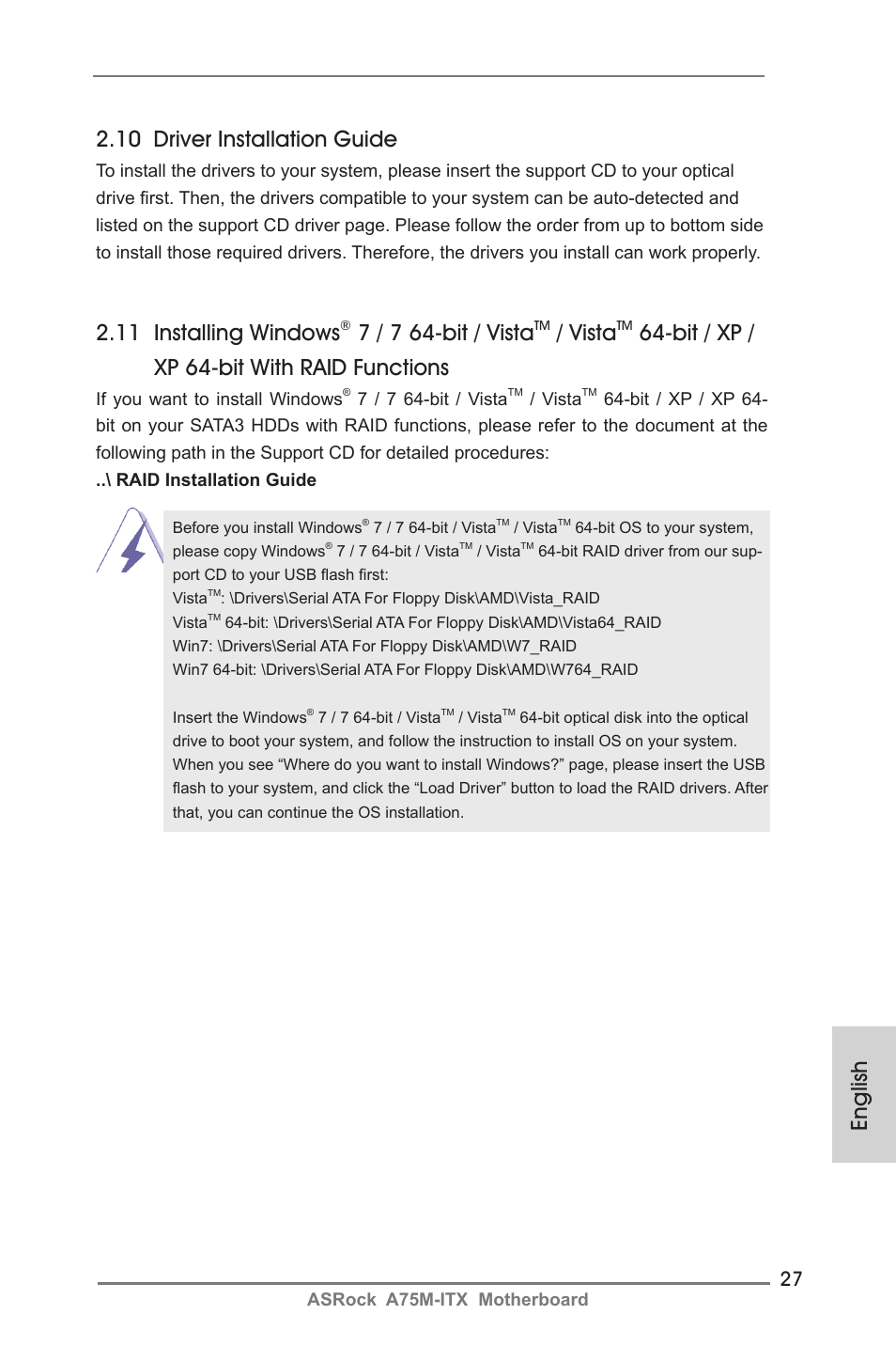 10 driver installation guide, 11 installing windows, 7 / 7 64-bit / vista | Vista, Bit / xp / xp 64-bit with raid functions, English | ASRock A75M-ITX User Manual | Page 27 / 157