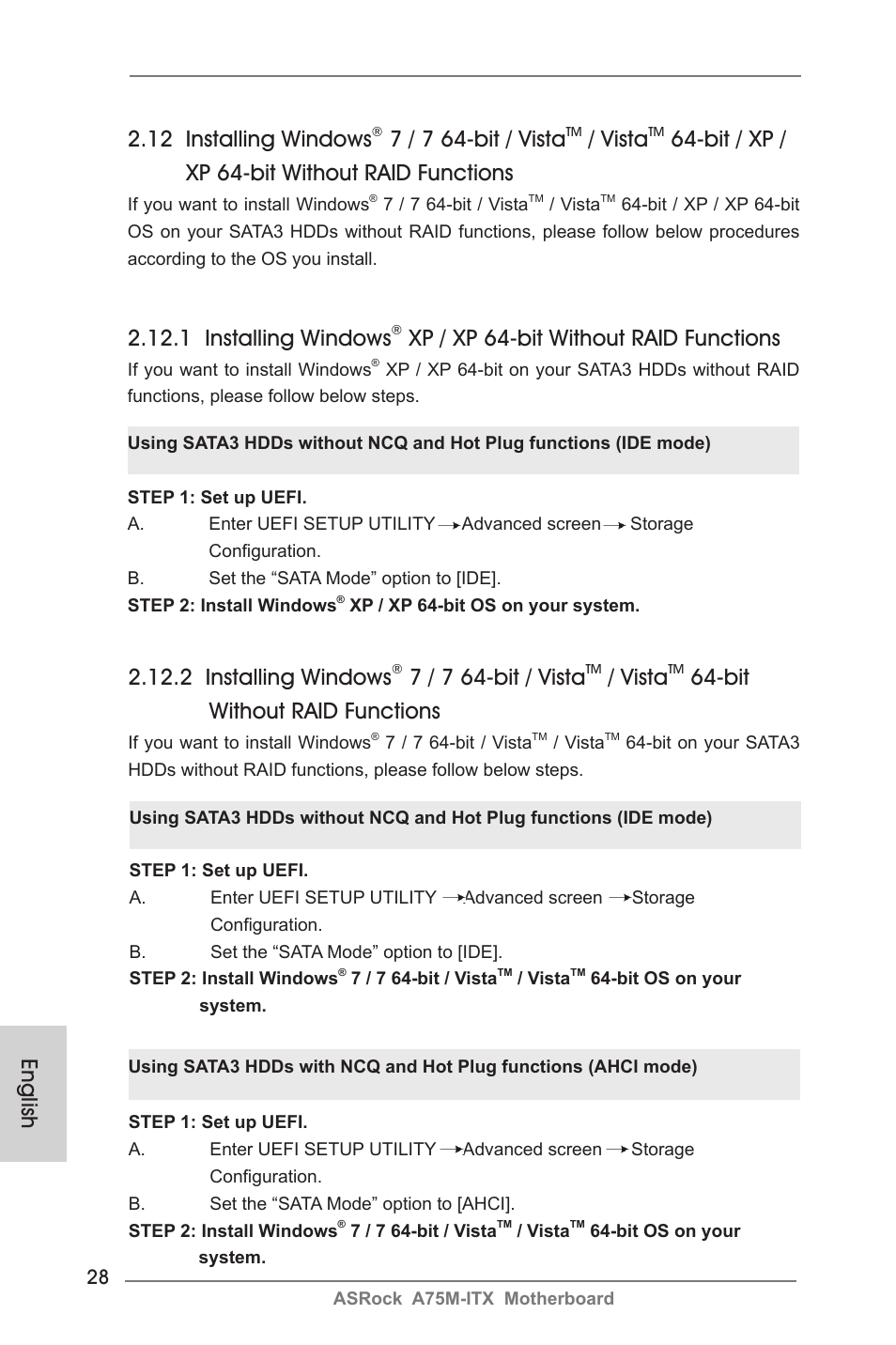 2 installing windows, 7 / 7 64-bit / vista, Vista | Bit without raid functions, English, 12 installing windows, Bit / xp / xp 64-bit without raid functions, 1 installing windows, Xp / xp 64-bit without raid functions | ASRock A75M-ITX User Manual | Page 28 / 157