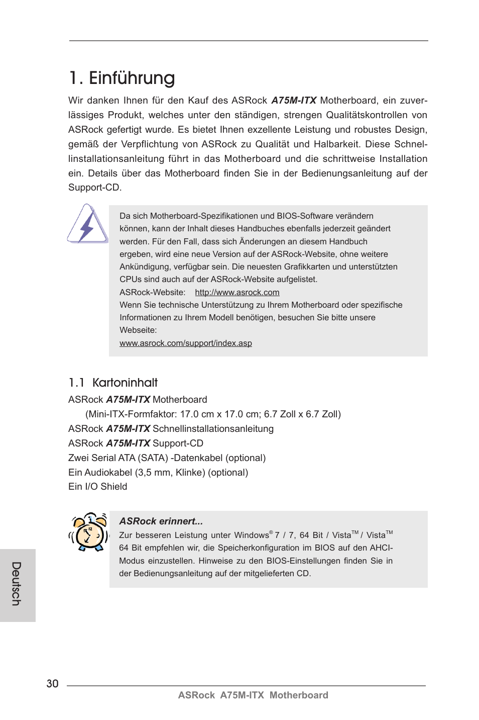 German, Einführung, 1 kartoninhalt | Deutsch | ASRock A75M-ITX User Manual | Page 30 / 157
