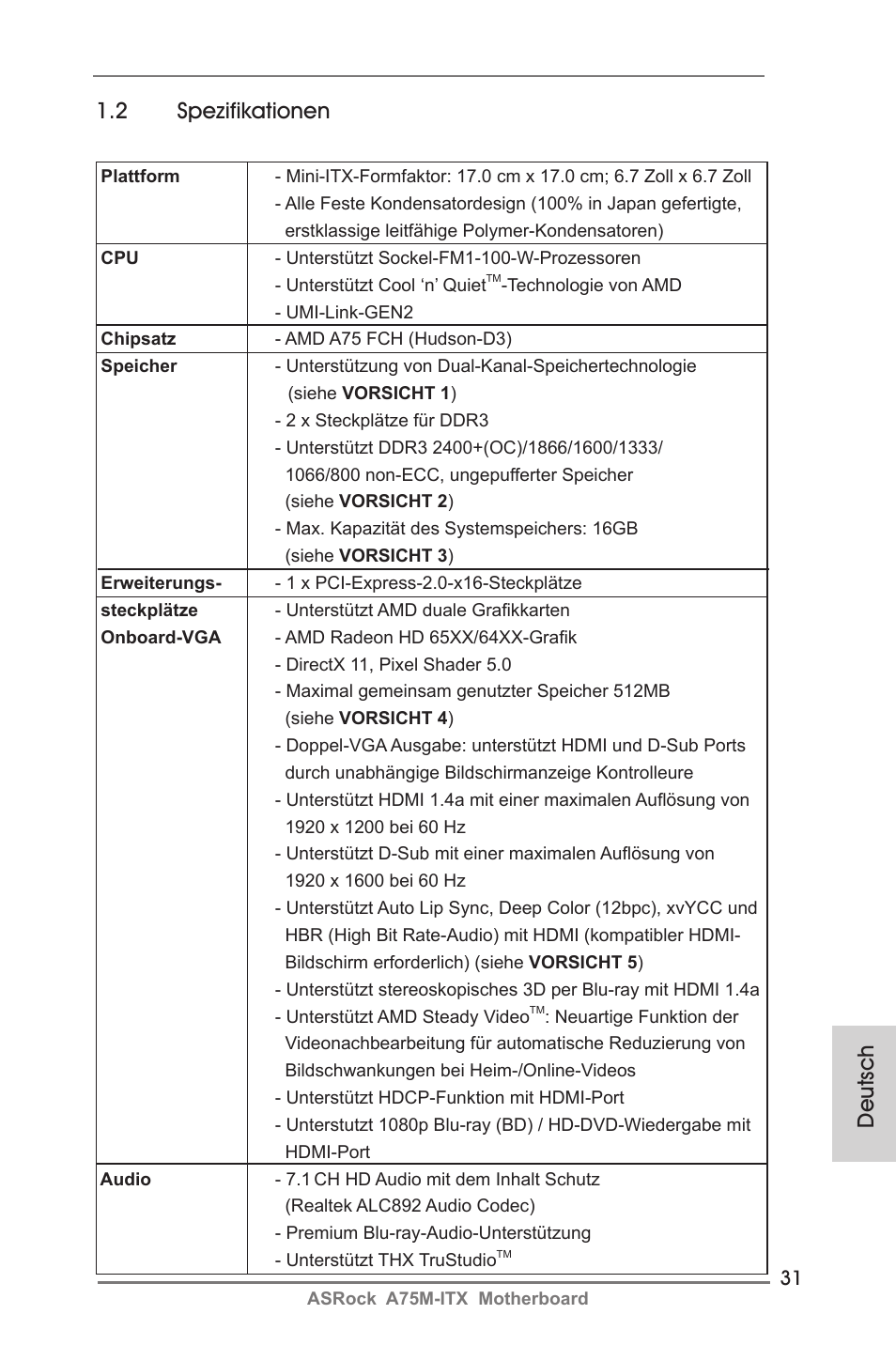 2 spezifikationen, Deutsch | ASRock A75M-ITX User Manual | Page 31 / 157