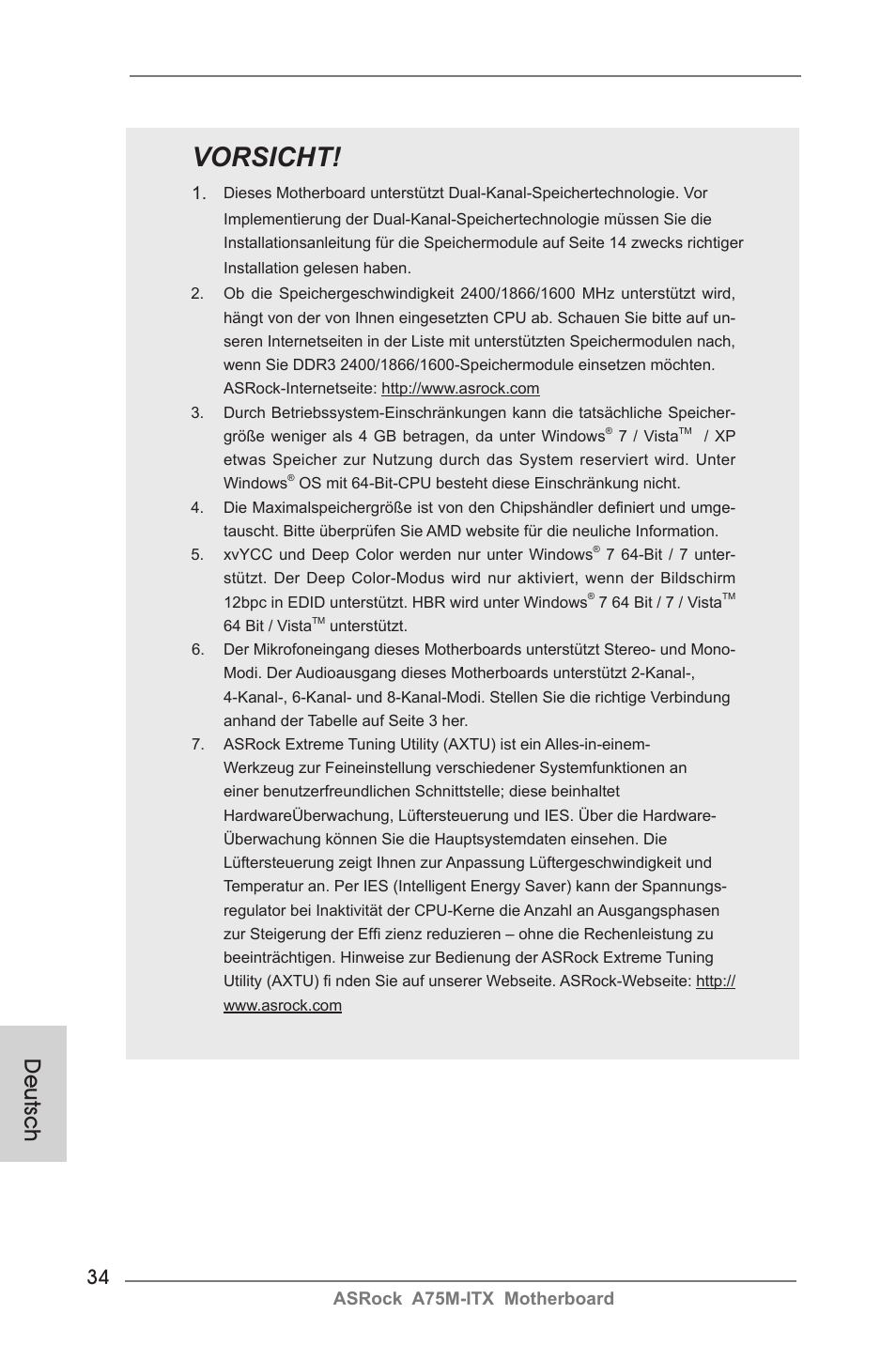 Vorsicht, Deutsch | ASRock A75M-ITX User Manual | Page 34 / 157