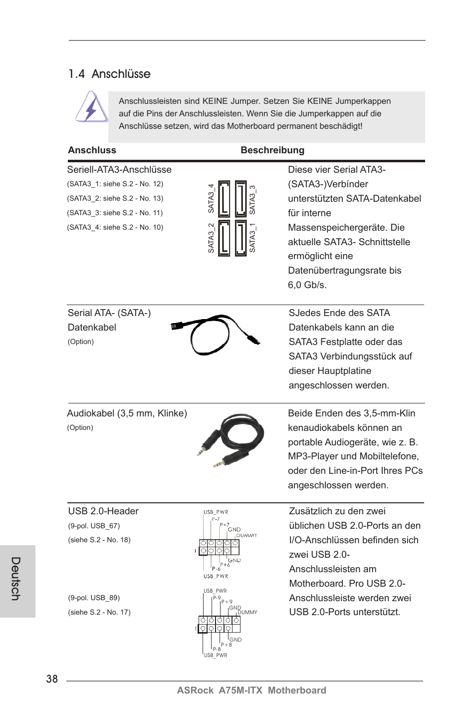 4 anschlüsse, Deutsch | ASRock A75M-ITX User Manual | Page 38 / 157