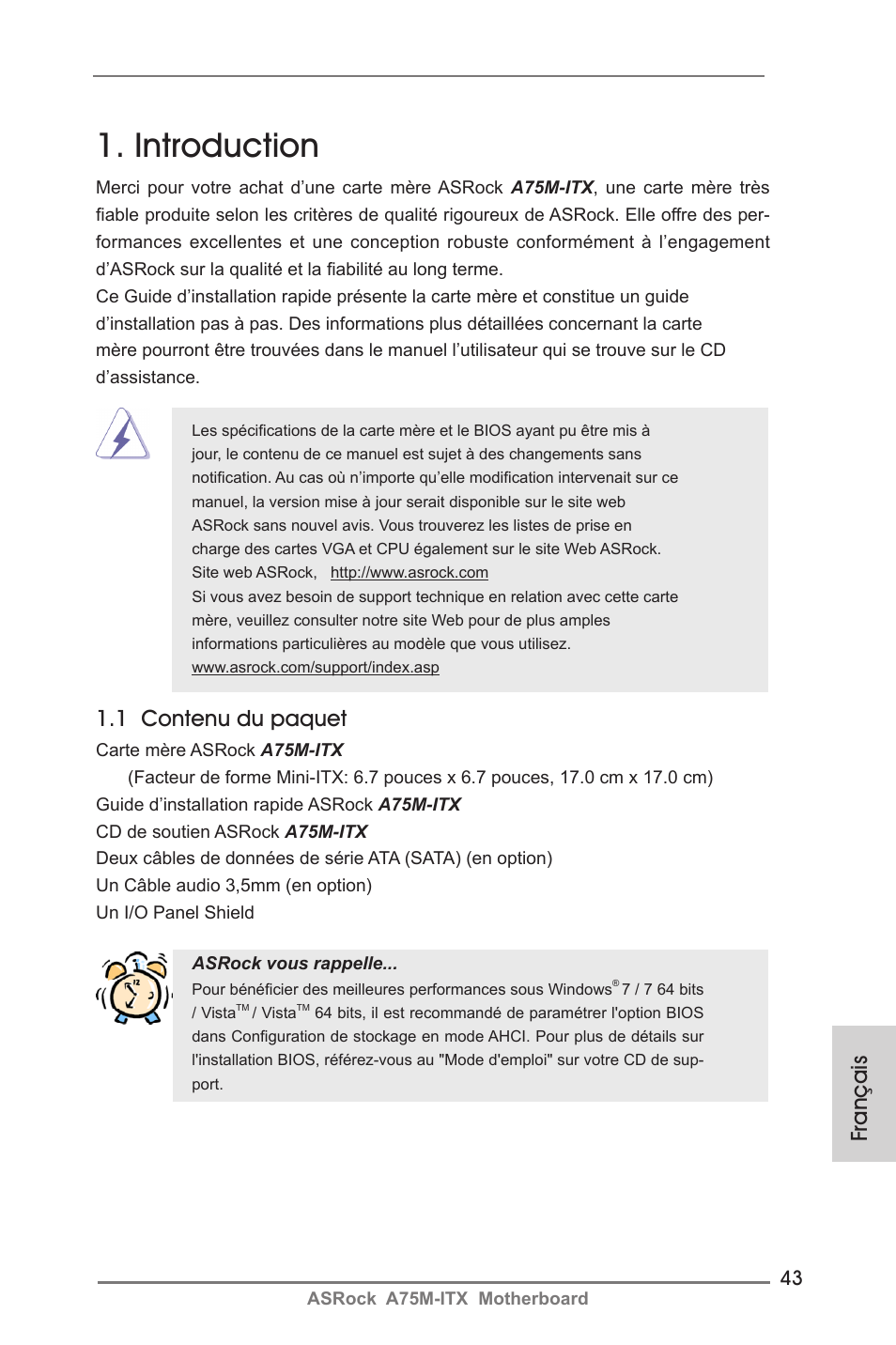 French, Introduction, 1 contenu du paquet | Français | ASRock A75M-ITX User Manual | Page 43 / 157