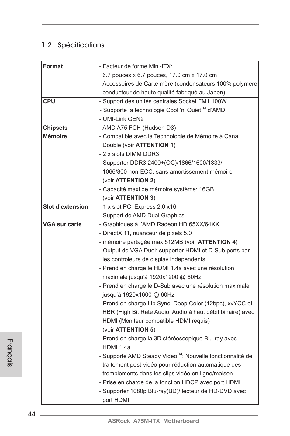 Français 1.2 spécifications | ASRock A75M-ITX User Manual | Page 44 / 157