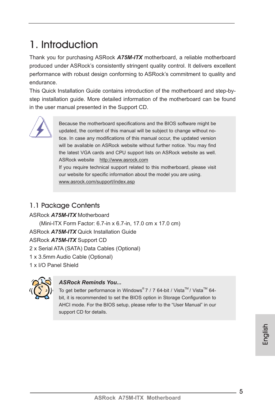 Introduction, English, 1 package contents | ASRock A75M-ITX User Manual | Page 5 / 157