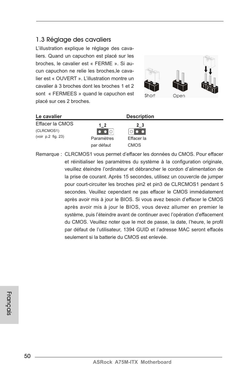 3 réglage des cavaliers, Français | ASRock A75M-ITX User Manual | Page 50 / 157