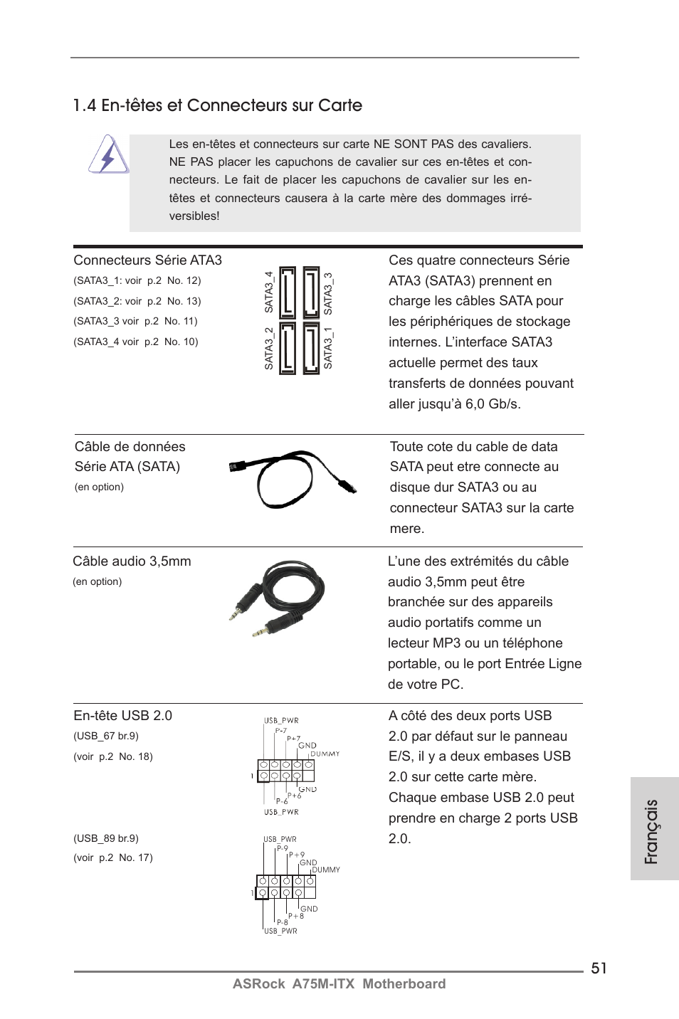 Français, 4 en-têtes et connecteurs sur carte | ASRock A75M-ITX User Manual | Page 51 / 157