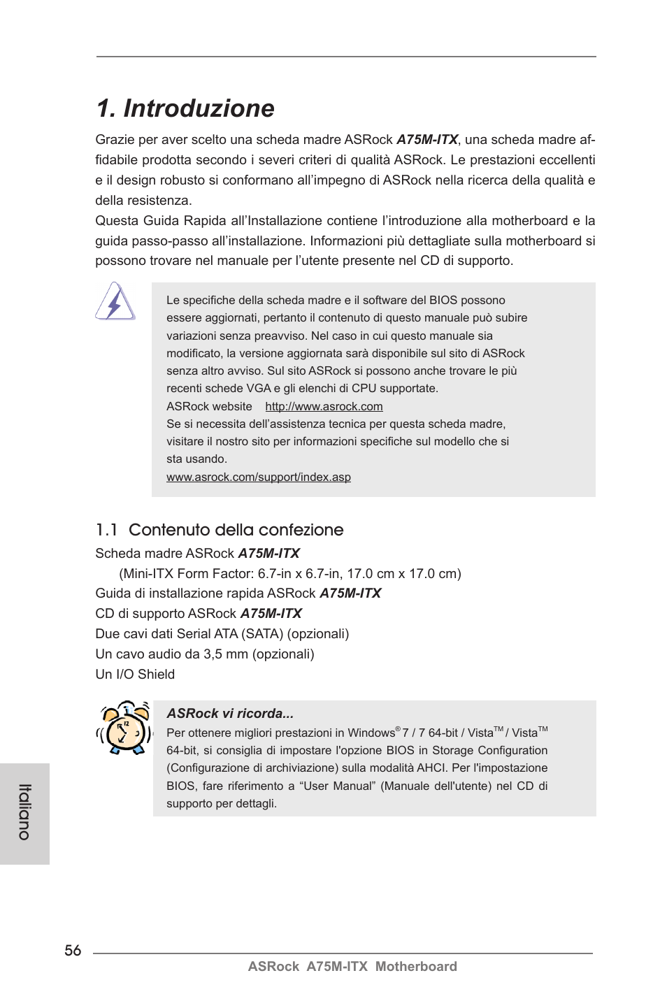 Italian, Introduzione, 1 contenuto della confezione | Italiano | ASRock A75M-ITX User Manual | Page 56 / 157