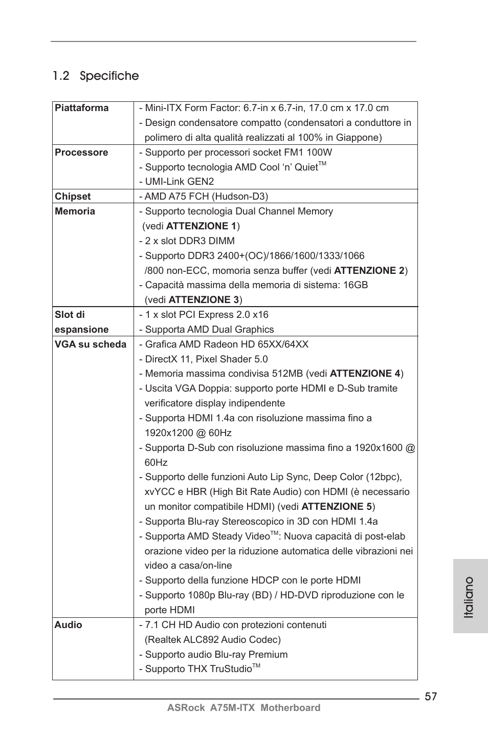 2 specifiche, Italiano | ASRock A75M-ITX User Manual | Page 57 / 157