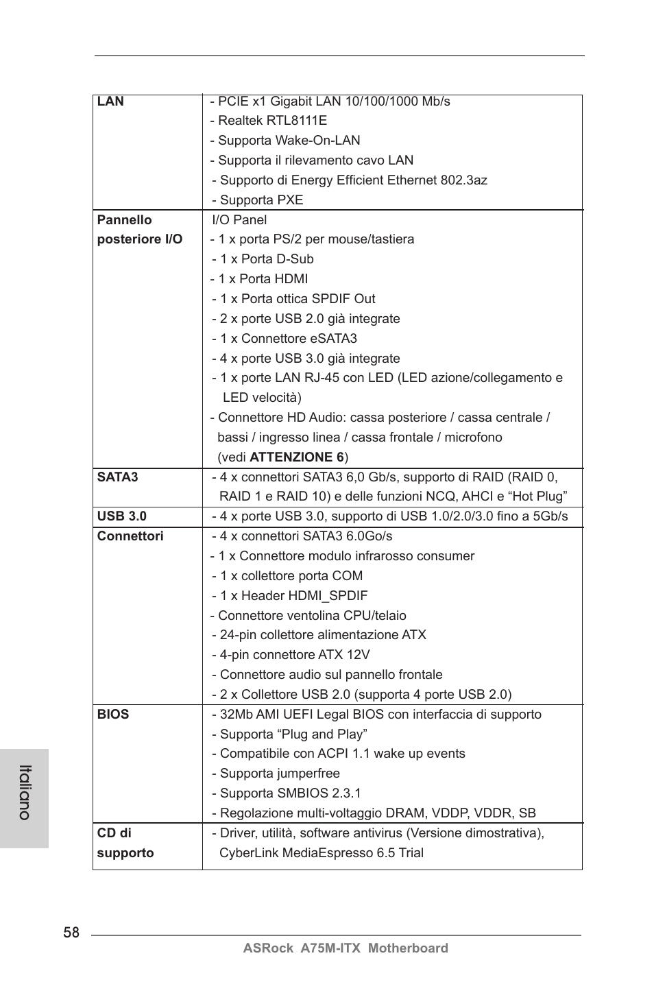 Italiano | ASRock A75M-ITX User Manual | Page 58 / 157