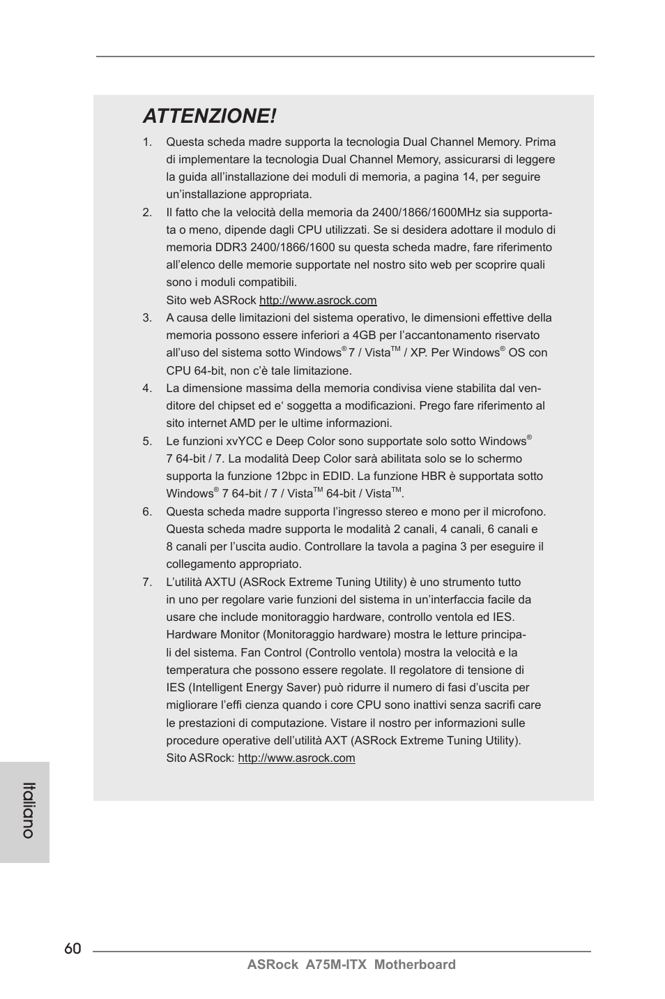 Attenzione, Italiano, Asrock a75m-itx motherboard | ASRock A75M-ITX User Manual | Page 60 / 157