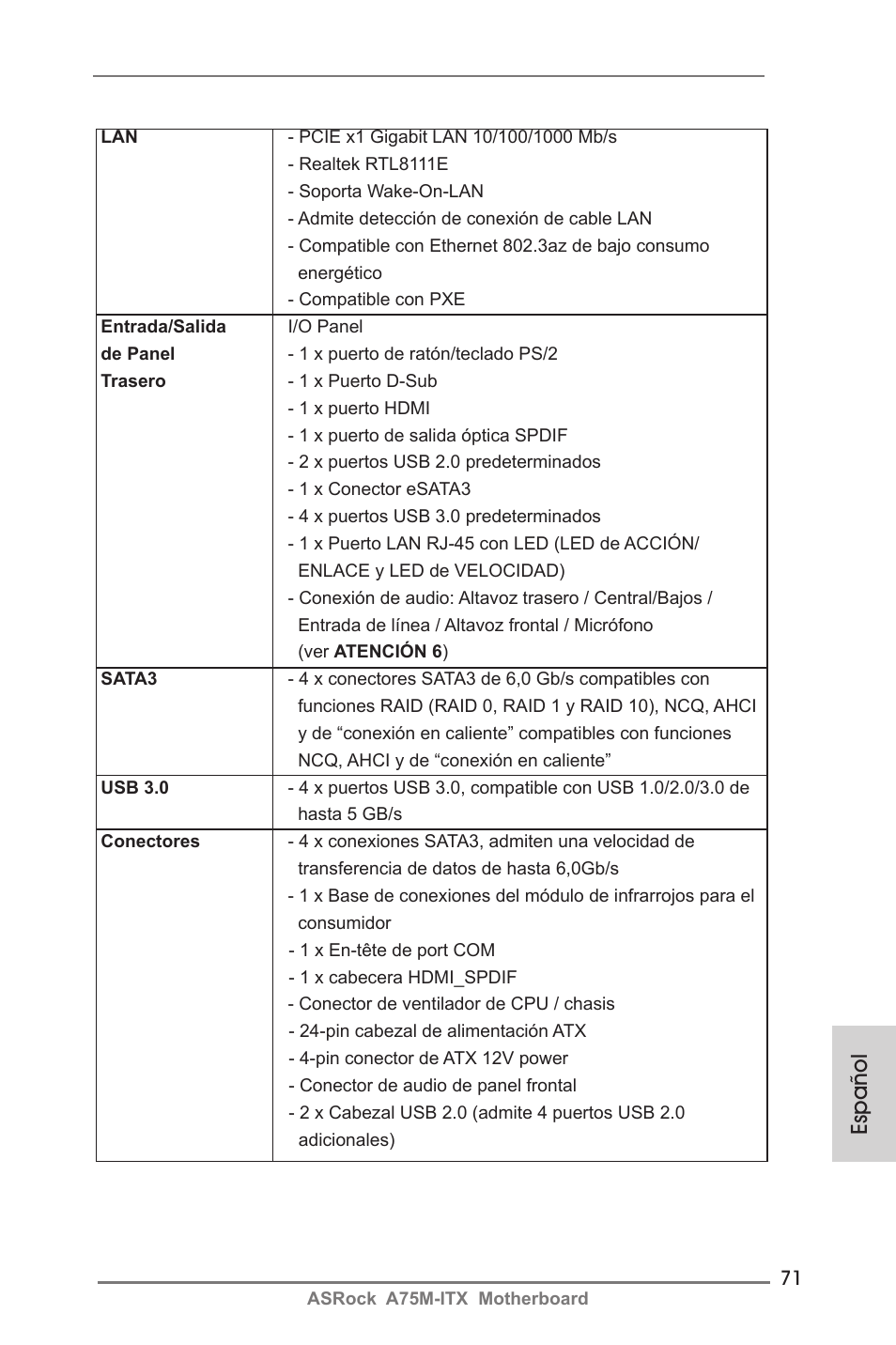 Español | ASRock A75M-ITX User Manual | Page 71 / 157
