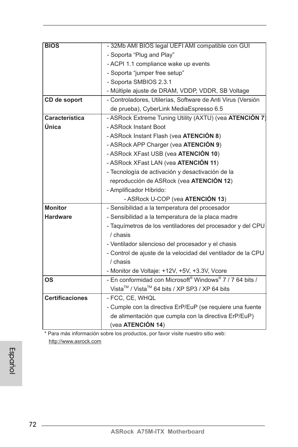 Español | ASRock A75M-ITX User Manual | Page 72 / 157