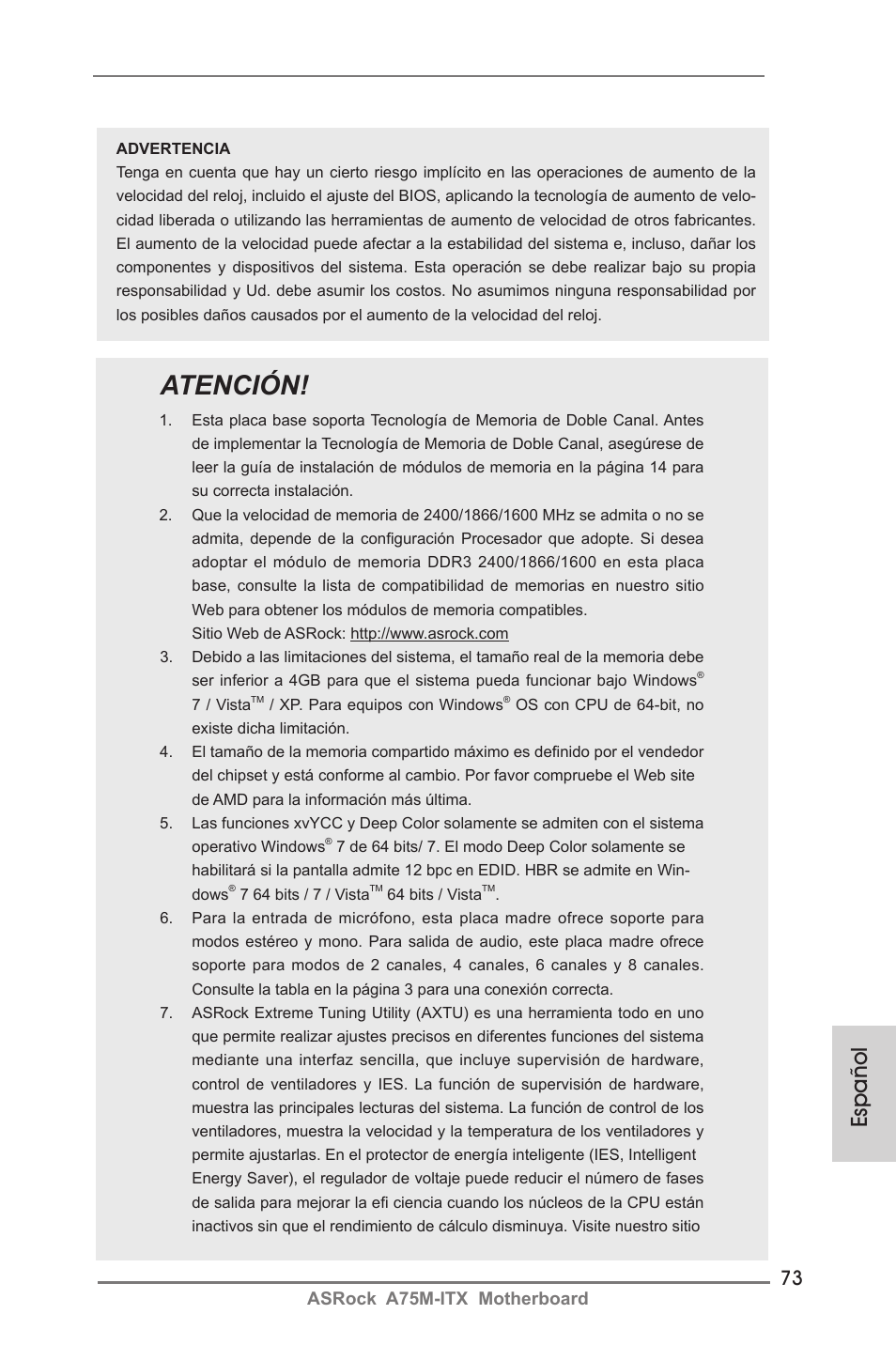 Atención, Español, Asrock a75m-itx motherboard | ASRock A75M-ITX User Manual | Page 73 / 157