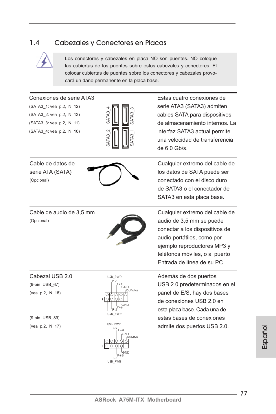 Español, 4 cabezales y conectores en placas | ASRock A75M-ITX User Manual | Page 77 / 157